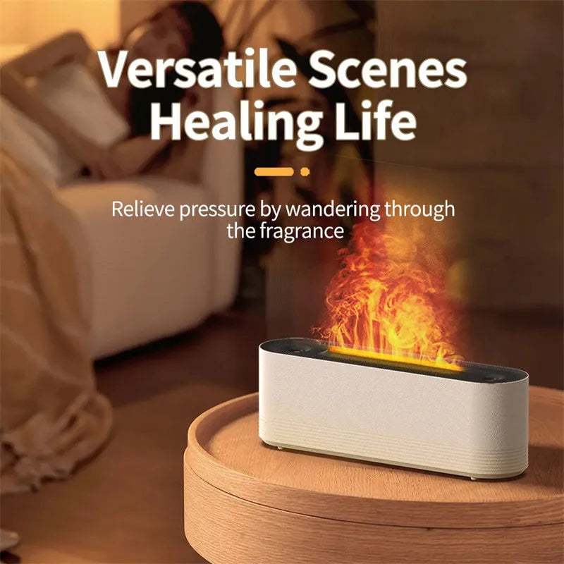 Black ultrasonic aroma diffuser with LED flame lighting emitting cool mist