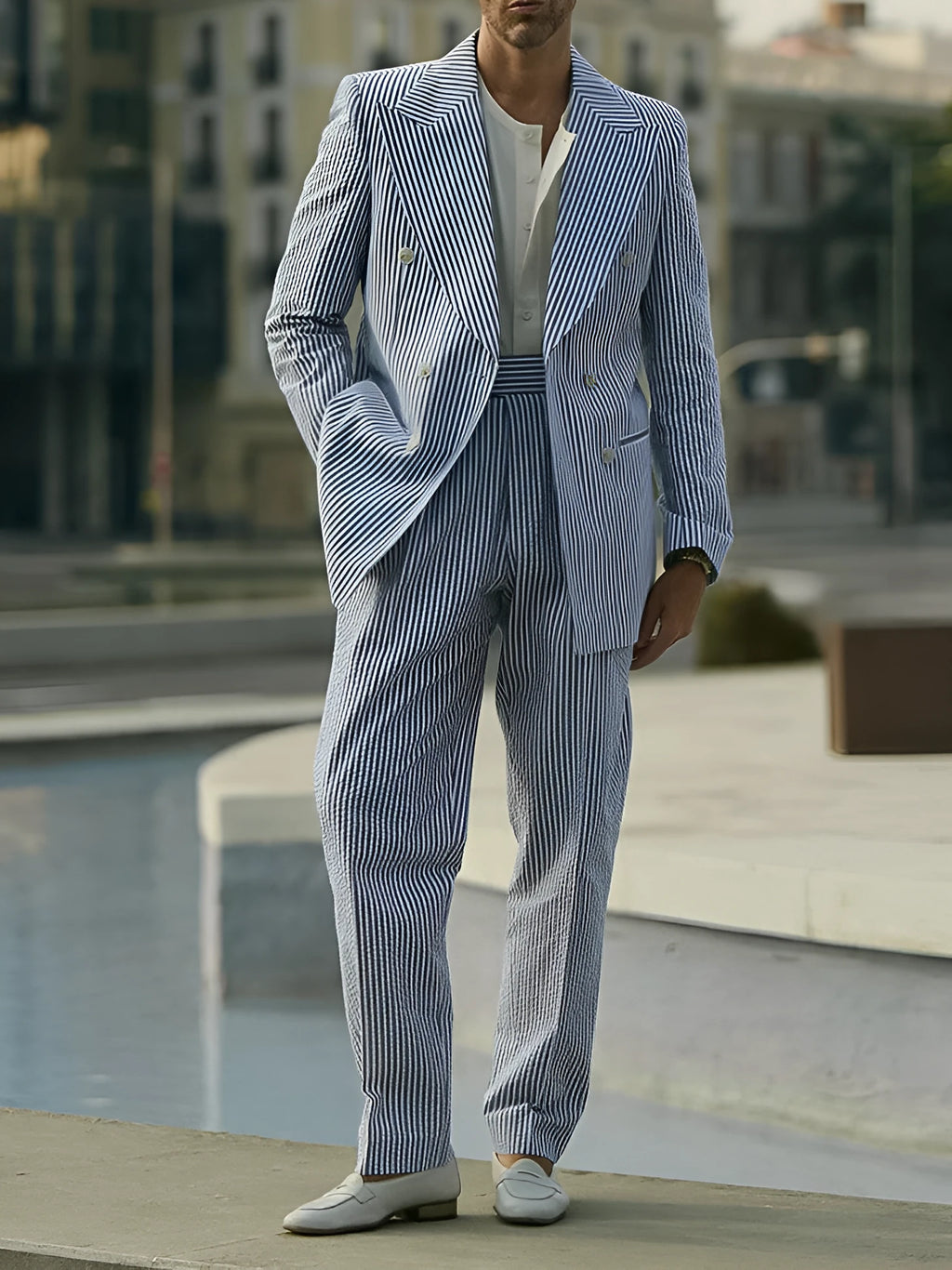Blue and white striped polyester suit set with blazer and trousers for daily wear