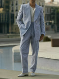 Blue and white striped polyester suit set with blazer and trousers for daily wear