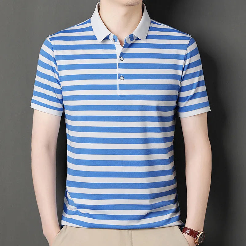 Men's striped short-sleeved pullover t-shirt in blue, straight fit, polyester blend, size M to 4XL