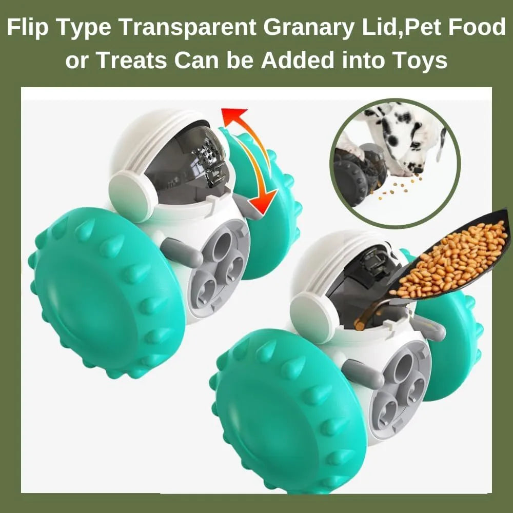 Self-balancing roller dog treat puzzle toy for small dogs and cats in assorted colours.