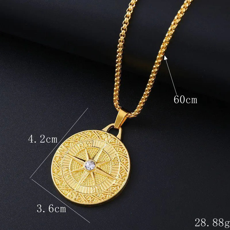 Geometric shaped gold-colour alloy pendant necklace with a sparkling zircon stone inlay on a chain.