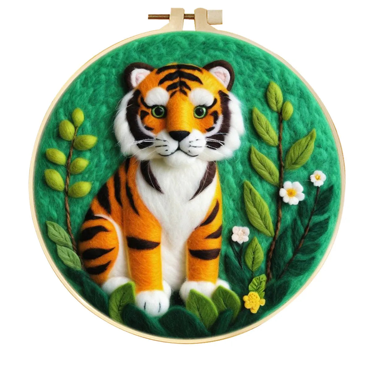 Round 20x20 cm linen embroidery kit with wool felt pieces for floral design and included embroidery frame.