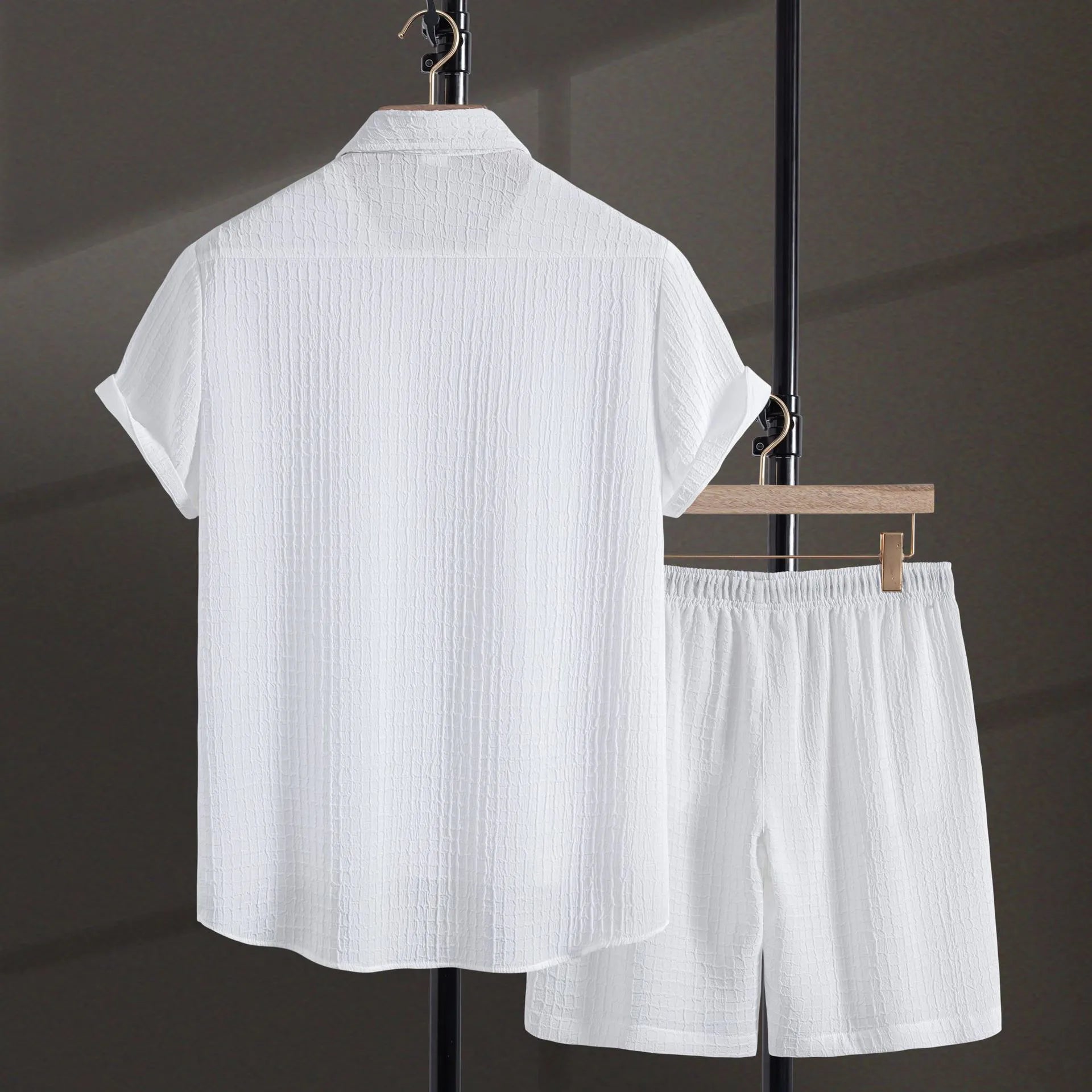 Men's white cotton blend short sleeve shirt and matching shorts casual set