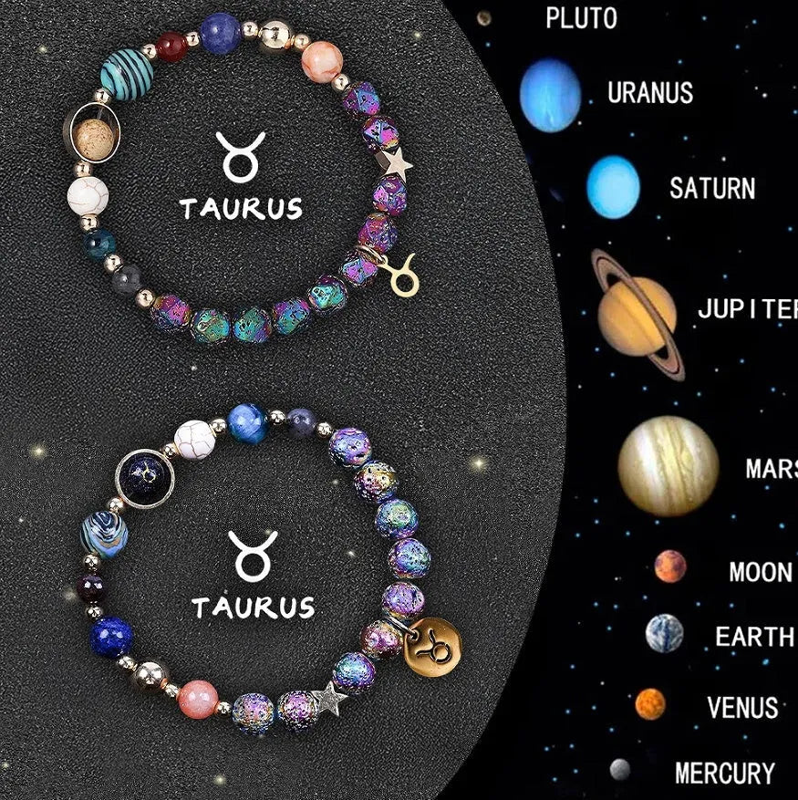 Pair of natural stone beaded bracelets with zodiac charms on an adjustable cord.