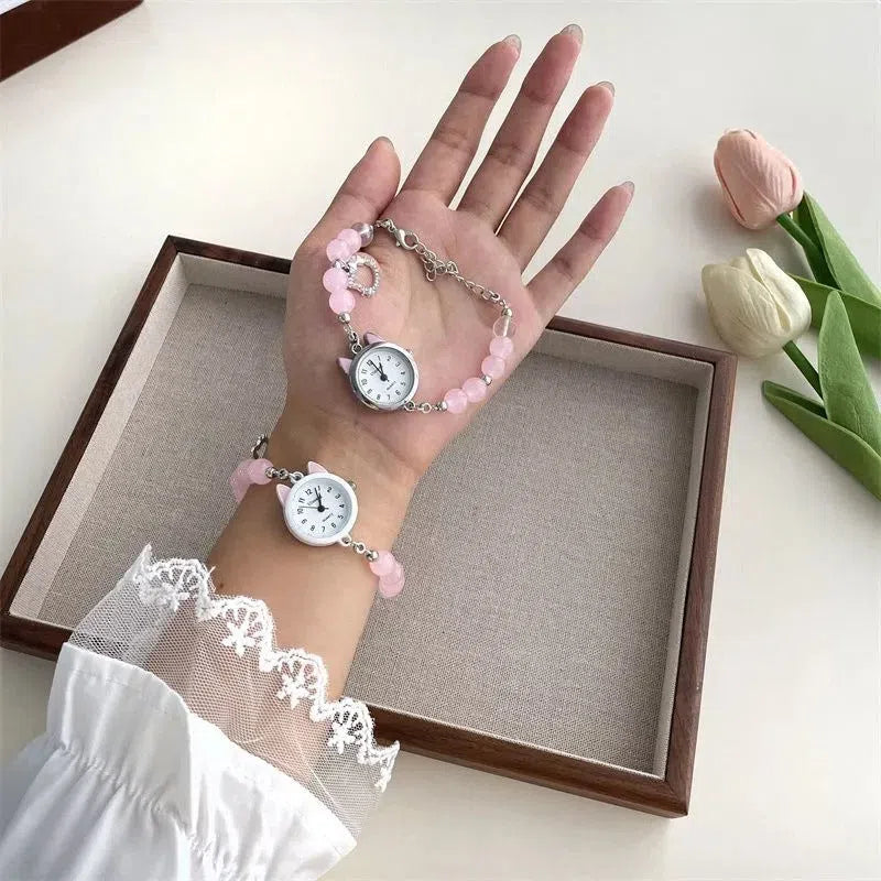 Women's chain watch with cat ear frame in silver, 8mm thickness, casual style