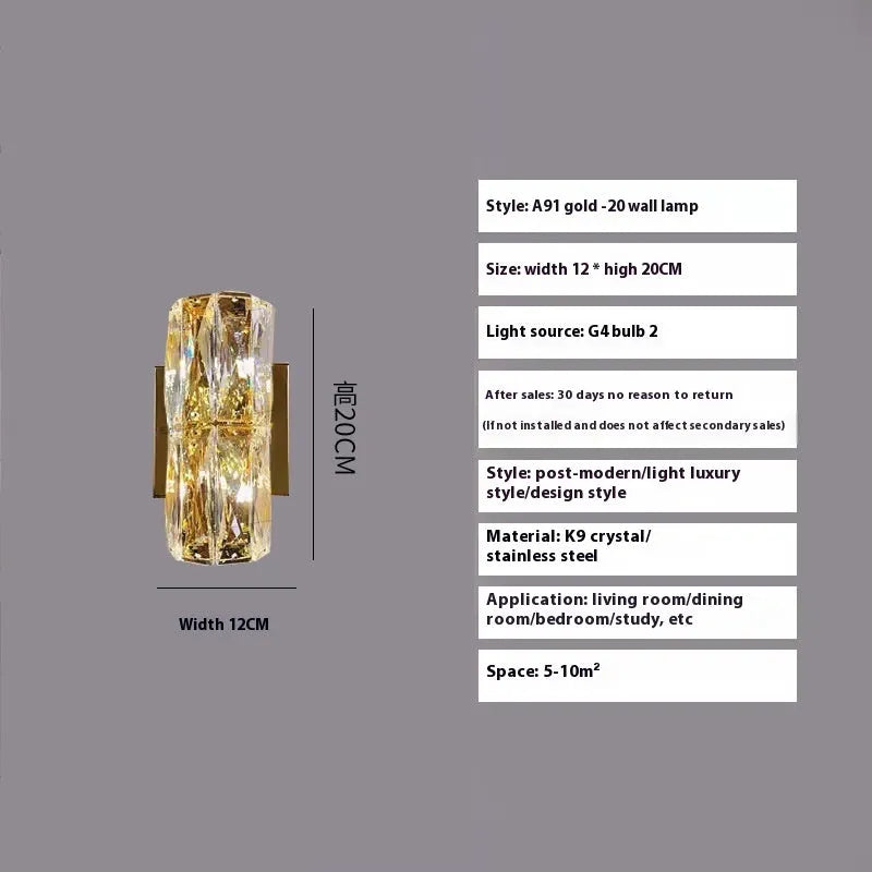 Crystal wall lamp with LED tri-colour light in chrome or gold finish showing multiple size options