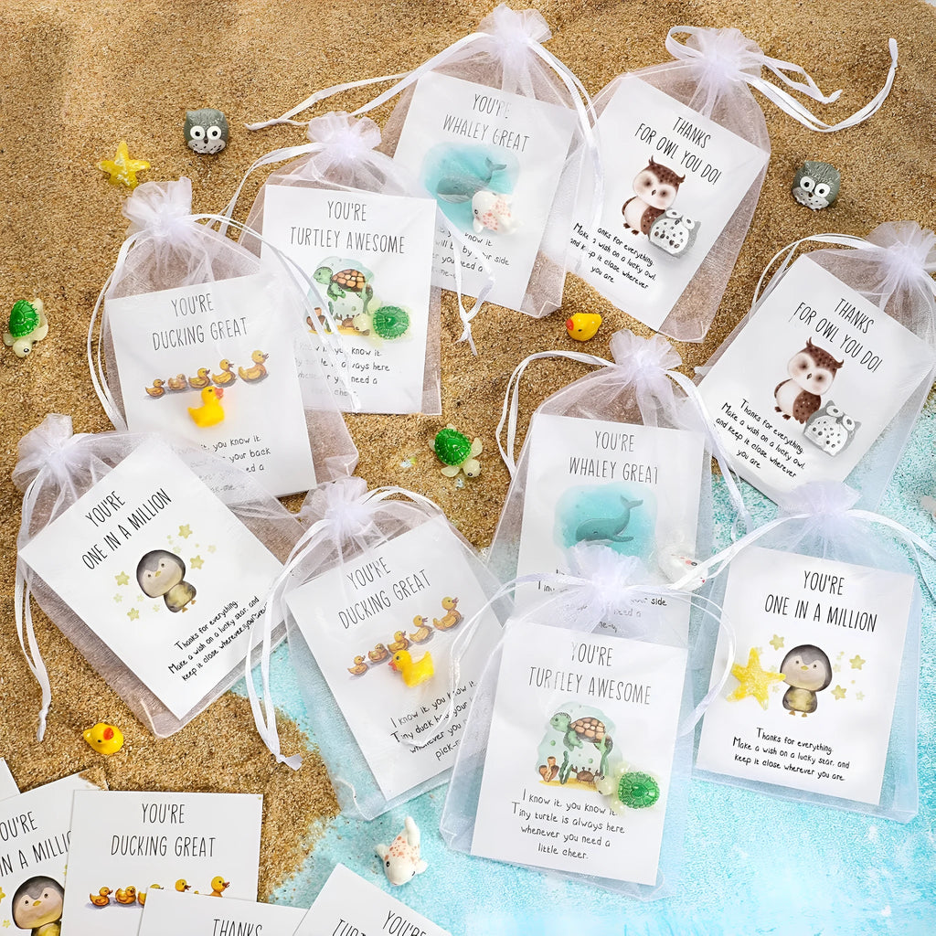 Set of resin memo cards with inspirational pun designs, showing pocket-sized scale and multiple cards.