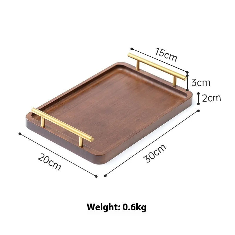 Square bamboo serving tray with a brown handle for barbecue shops and hotels.