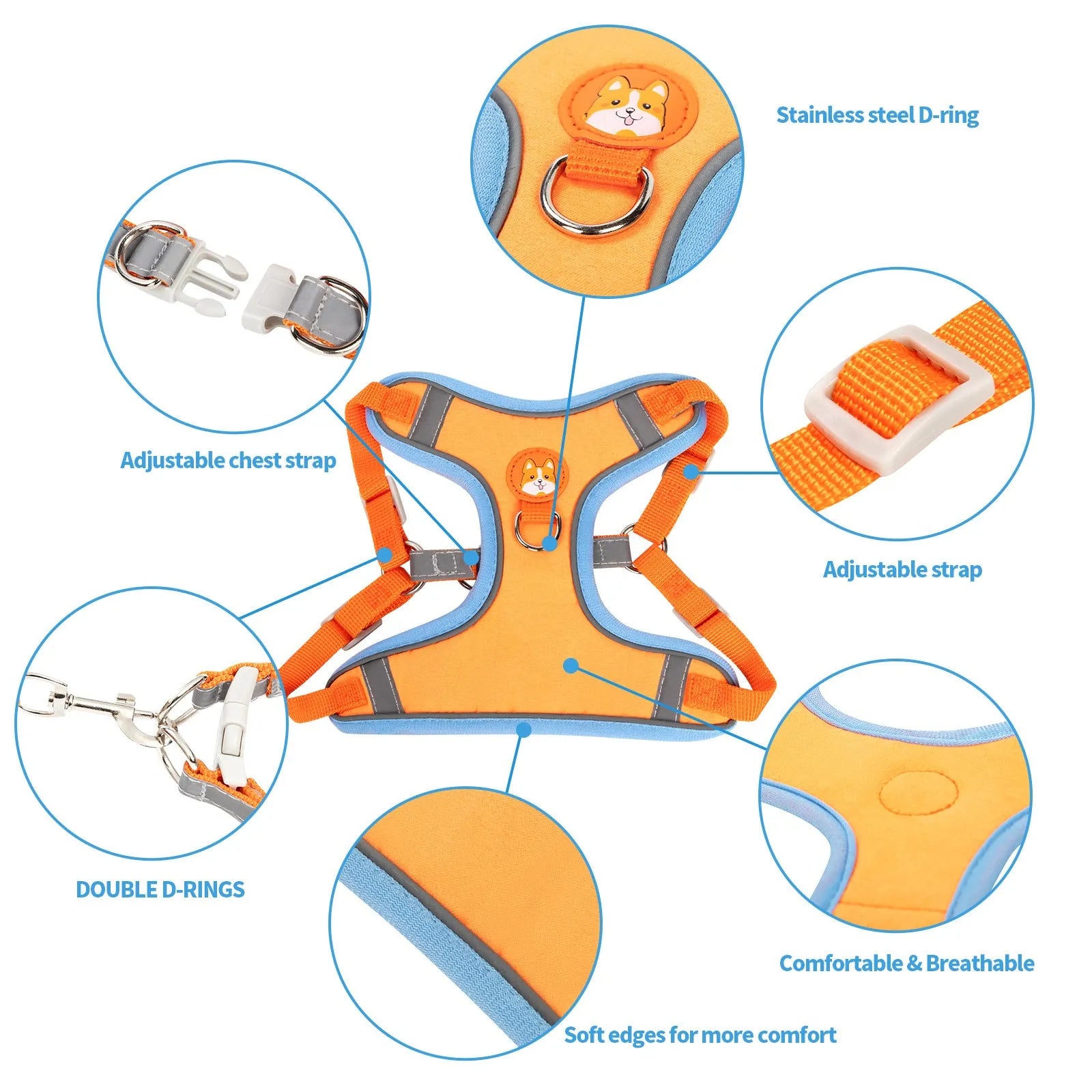 Adjustable dog haulage rope vest harness in blue, brown, green, orange, purple, or red colour