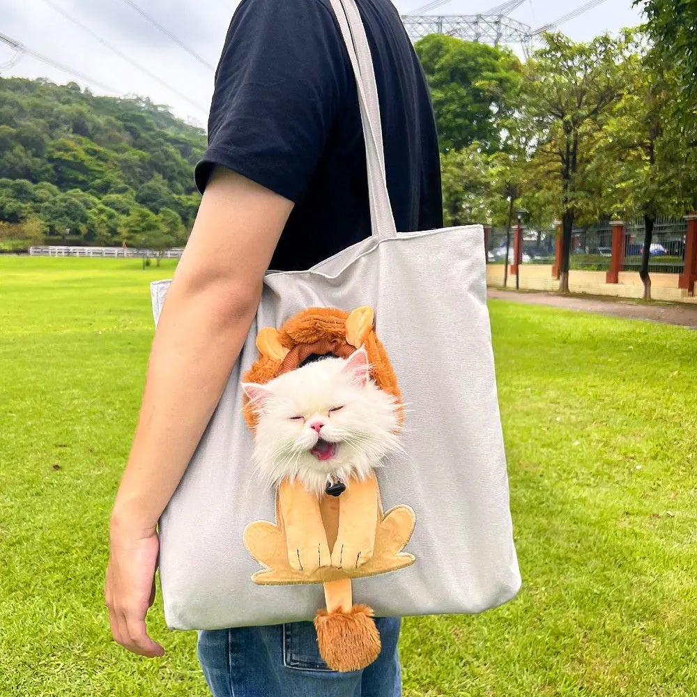 Canvas pet carrier backpack with cartoon design for cat and small dog transport