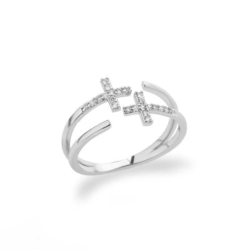 Double-layer cross frame ring in stainless steel, wave shaped, unisex style with electroplated finish available in multiple colours