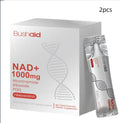 Box of anti-ageing drink powder supplement sachets containing nicotinamide riboside and resveratrol.