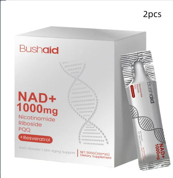 Box of anti-ageing drink powder supplement sachets containing nicotinamide riboside and resveratrol.