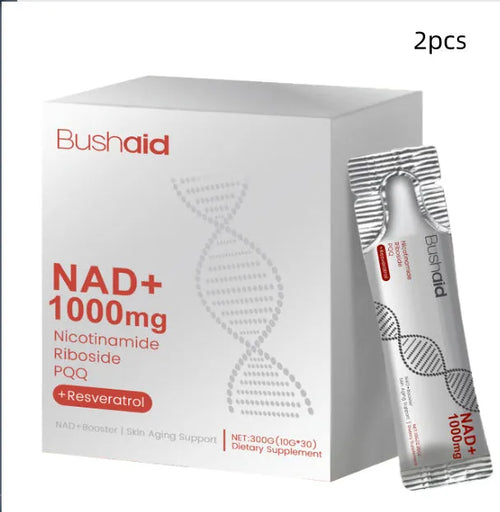 Box of anti-ageing drink powder supplement sachets containing nicotinamide riboside and resveratrol.