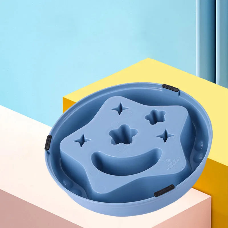 Moon star wings design slow feed dog bowl with interior ridges, non-slip base, in blue colour