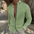 Lapel button cotton printed men's shirt in emerald green with long sleeves