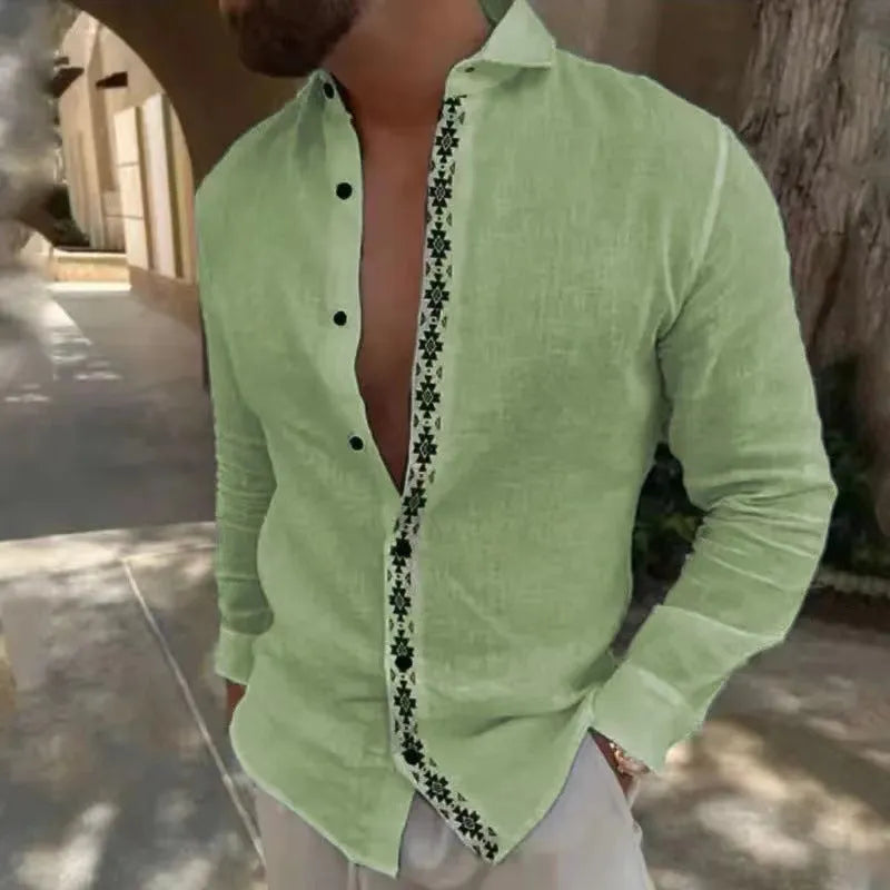 Lapel button cotton printed men's shirt in emerald green with long sleeves