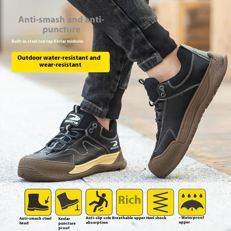 Men's leather work shoes with rubber sole in black colour showing front and side views