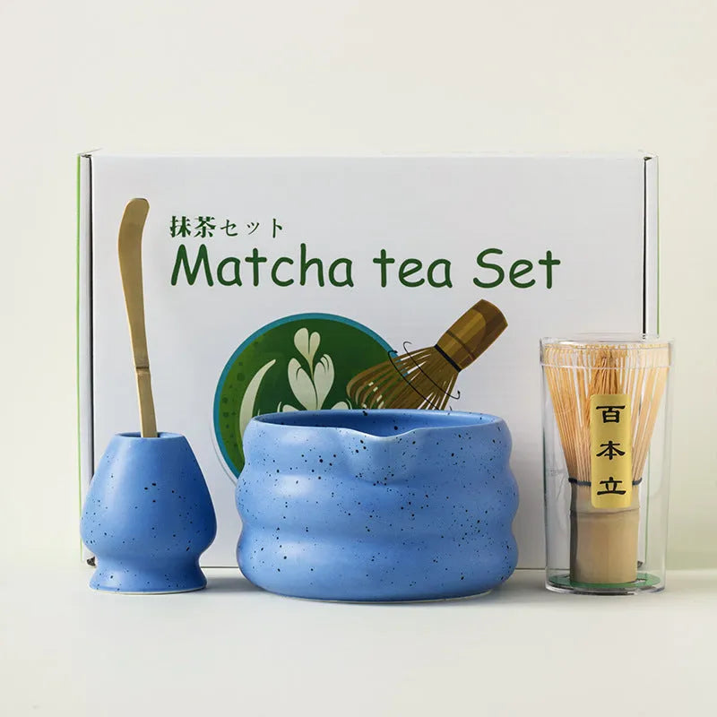 Ceramic matcha stool bowl set with sand point finish in four colours blue green purple white