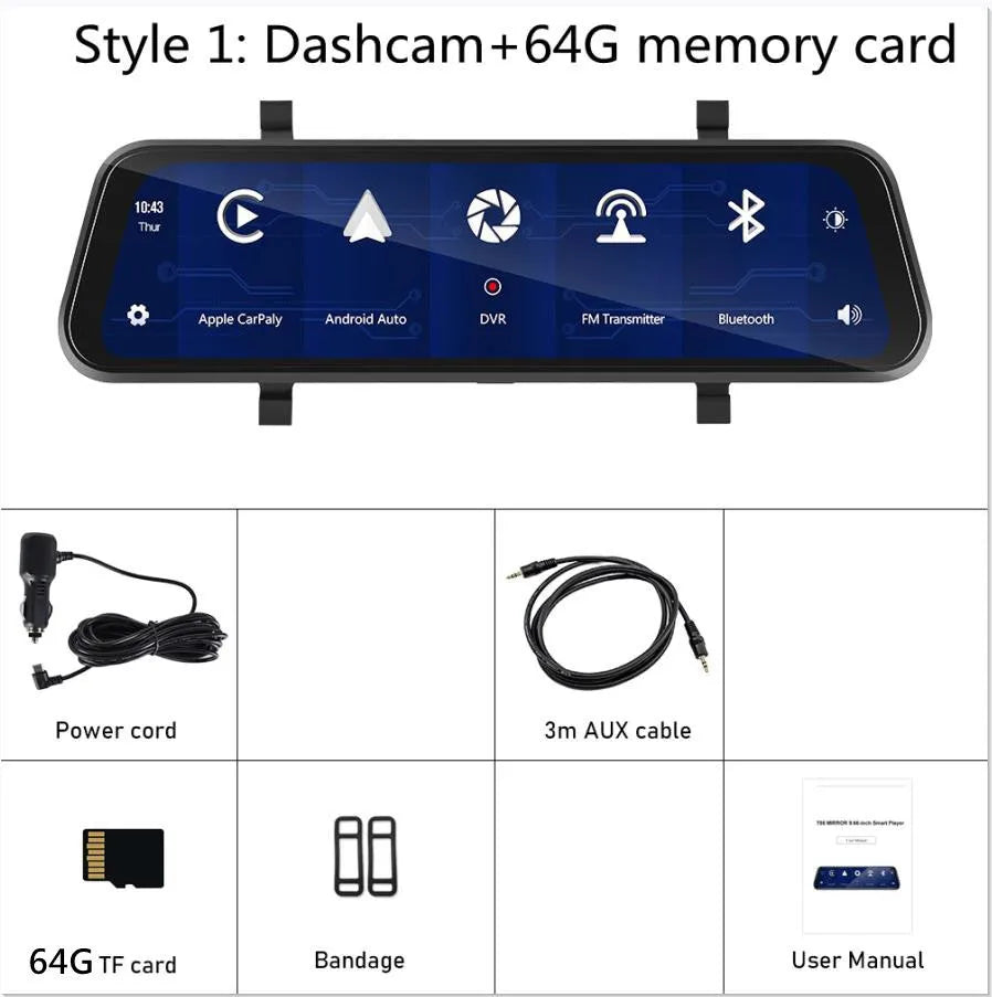9.66-inch HD wired driving recorder mounted on car dashboard showing front view with night vision