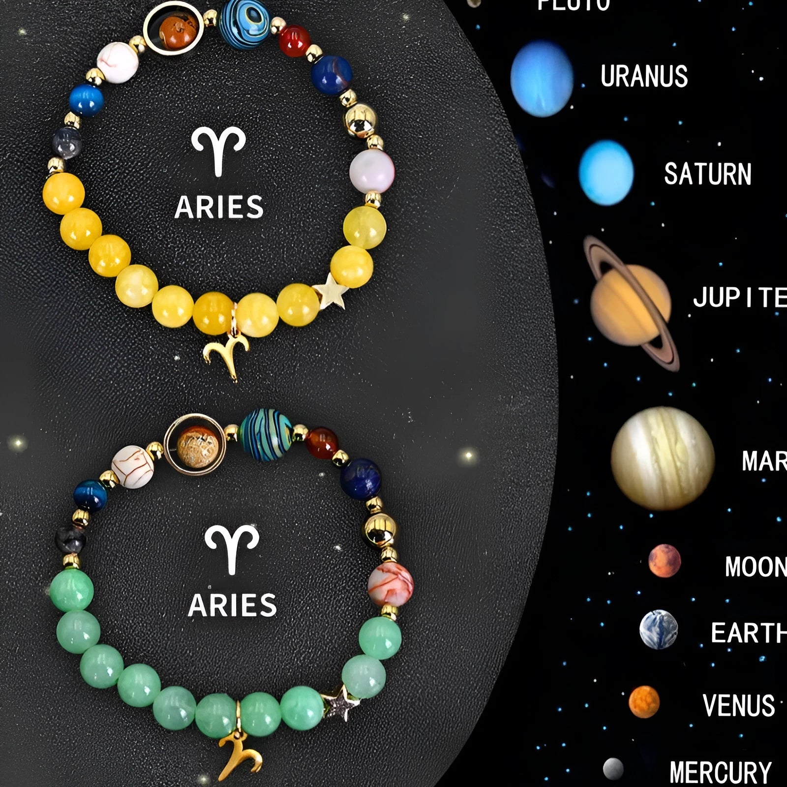 Two natural stone beaded bracelets with Chinese zodiac animal charms on an adjustable cord.
