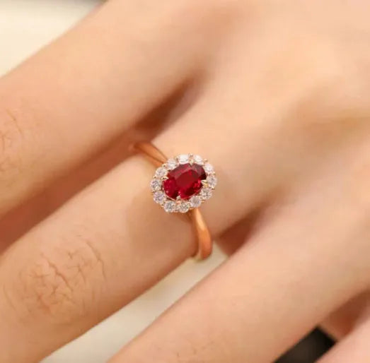 Gold pigeon blood red gemstone sterling silver ring with floral design for women