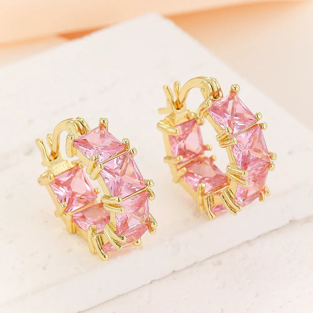Gold-plated geometric U-shaped earrings with round black zircon crystal stones