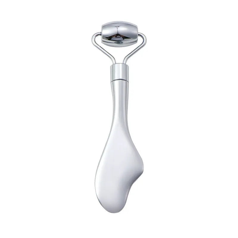 Stainless steel facial massage tool set with heart-shaped eye board and dual-head roller
