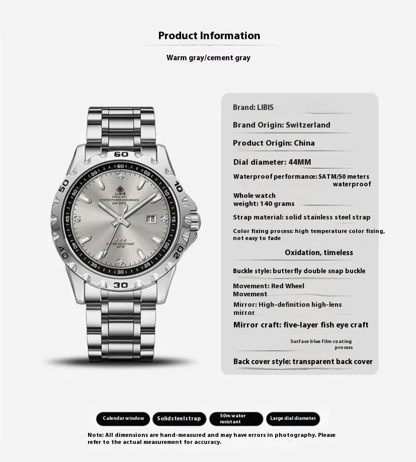 Men's silver quartz watch with luminous dial and stainless steel strap
