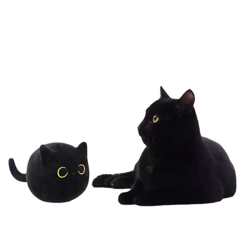 Fluffy black cartoon cat plush toy, 28cm tall, on a neutral background.