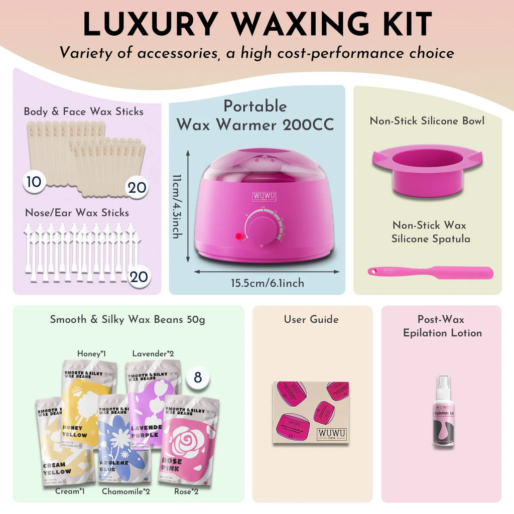 WUWUVISTA 63-piece waxing kit with black wax warmer, wax beans, silicone tools, and wax sticks