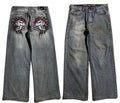 Grey wide-leg jeans with retro washed appearance and straight-leg opening
