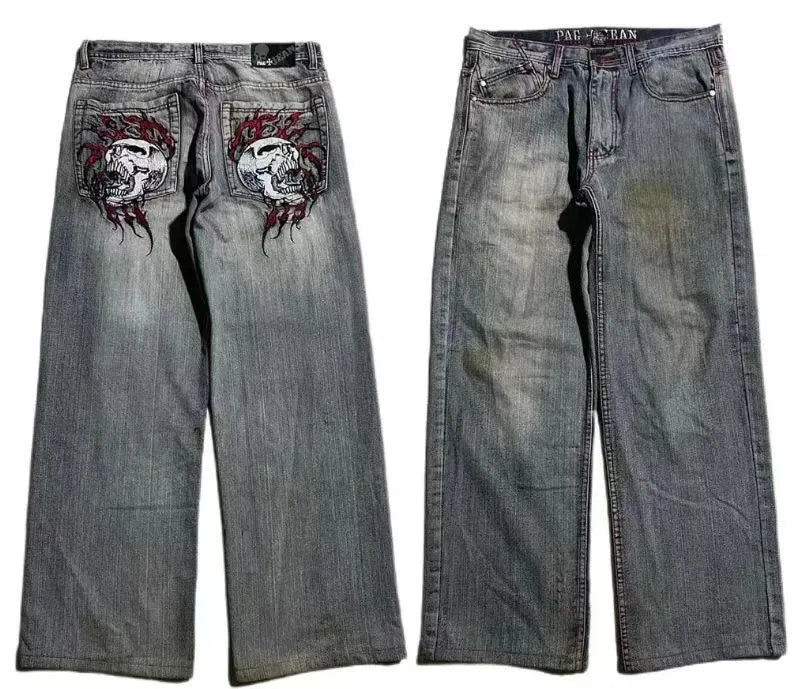 Grey wide-leg jeans with retro washed appearance and straight-leg opening