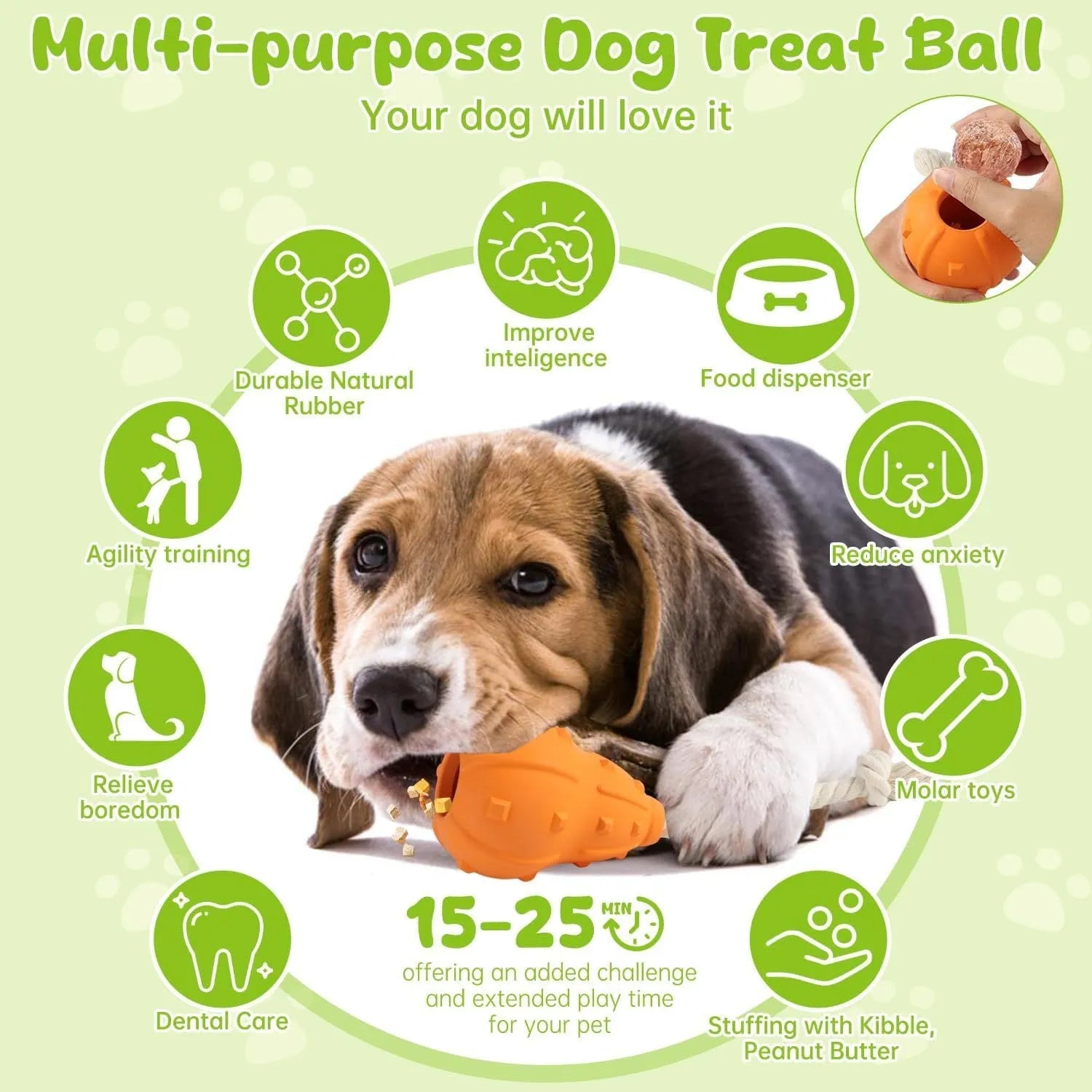 Natural rubber stuffable dog toy with longer strap for interactive play