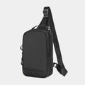 Casual black TPU chest pack with landscape pattern, soft handle, and single shoulder strap showing internal mobile phone pocket