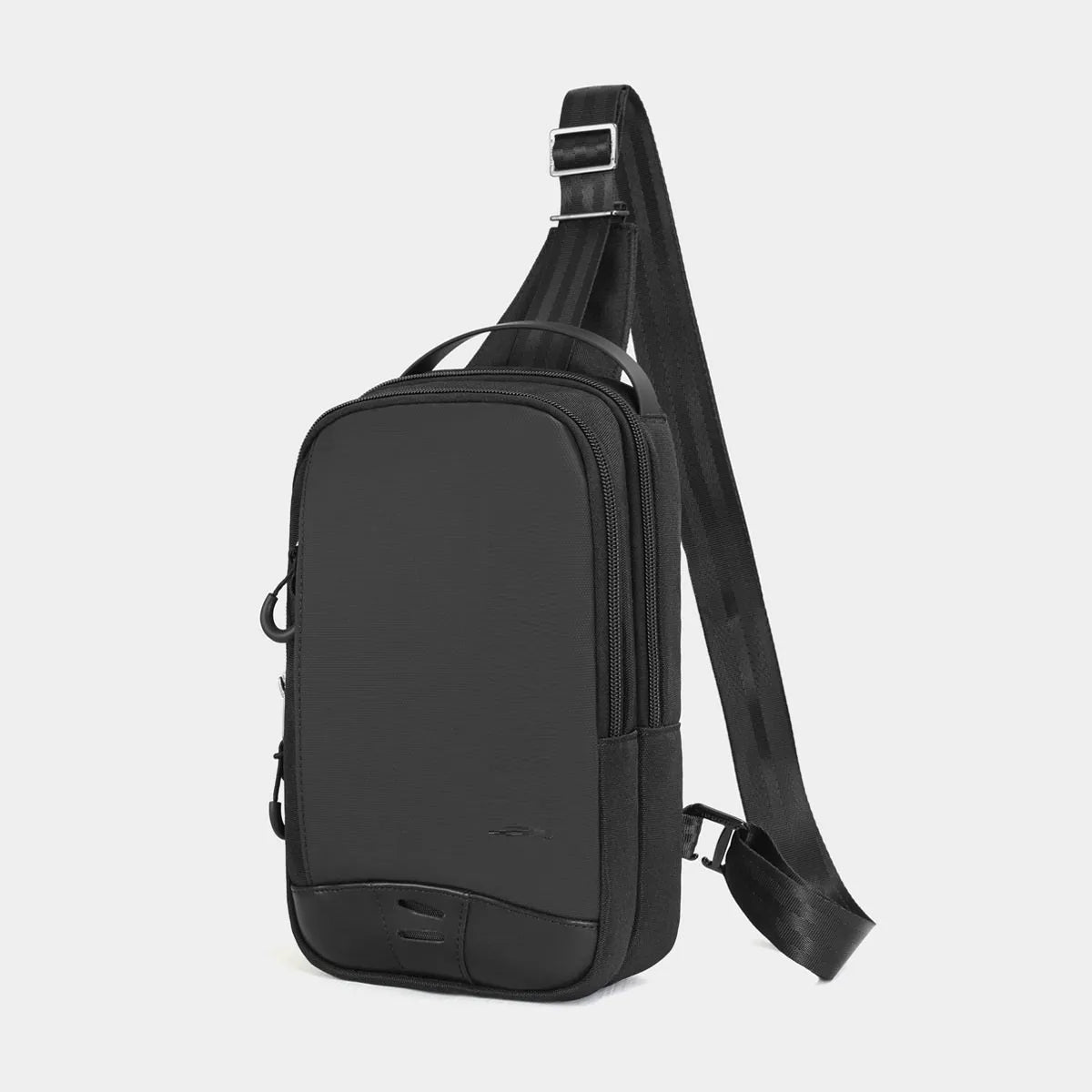 Casual black TPU chest pack with landscape pattern, soft handle, and single shoulder strap showing internal mobile phone pocket