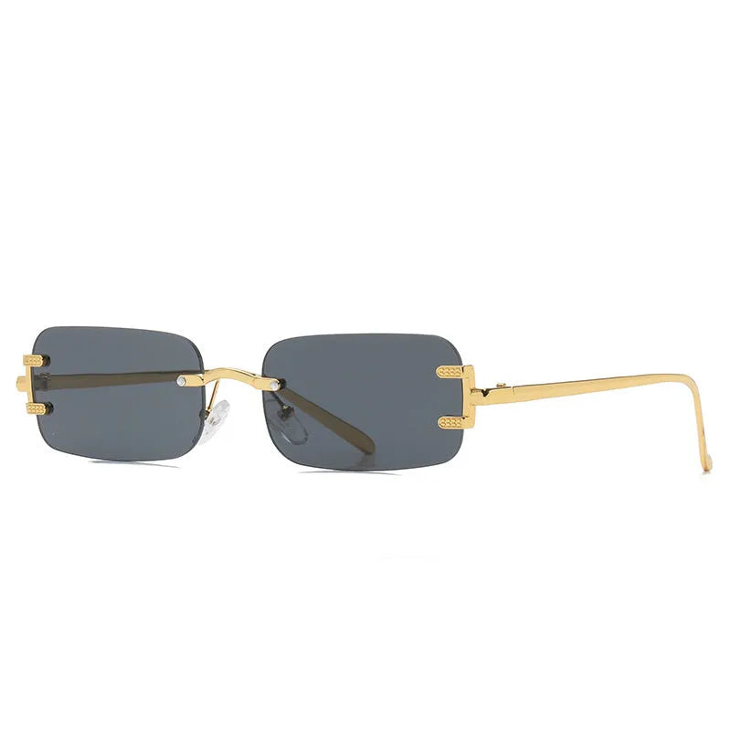 Retro square frameless sunglasses with gold metal frame and black/grey AC lenses