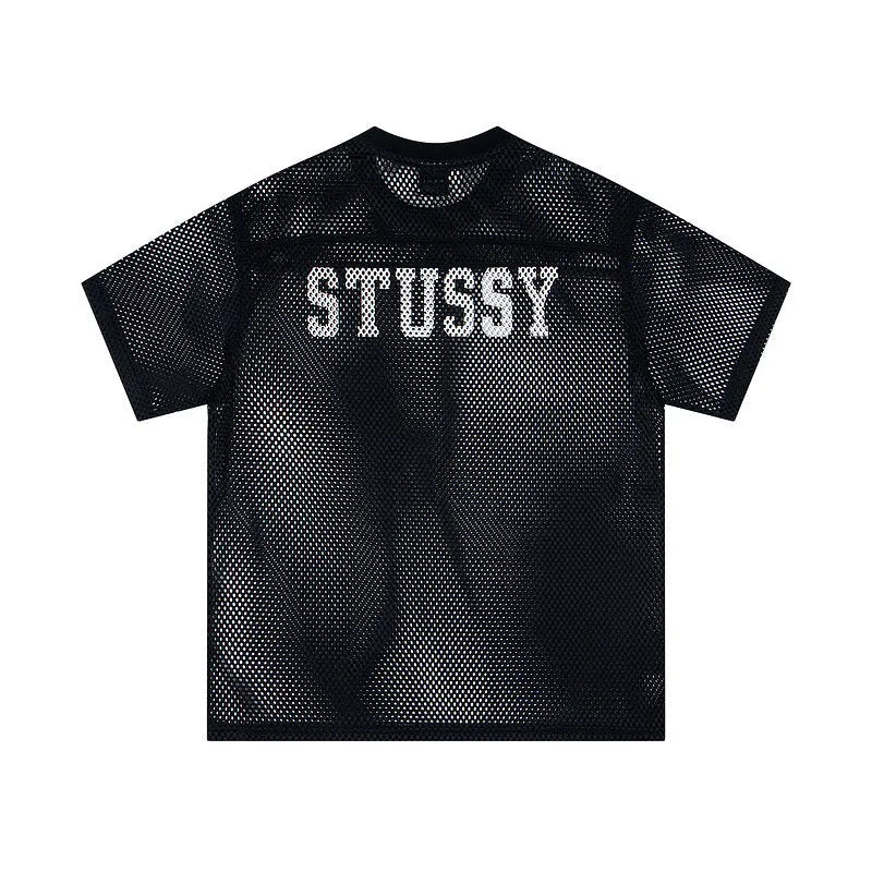 Cotton sports jersey letter print short sleeve pullover in black, loose fit, front view