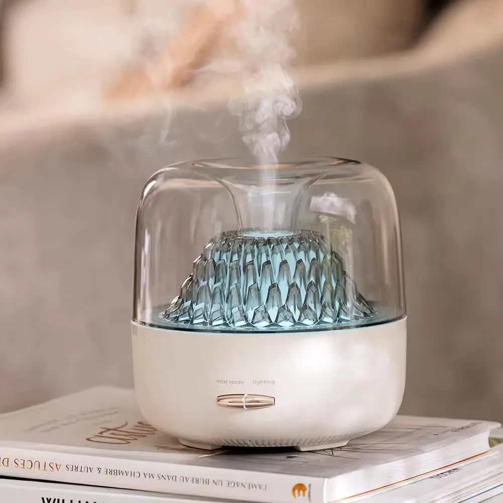 Round resin household aroma diffuser with colourful light on a desktop in beige colour