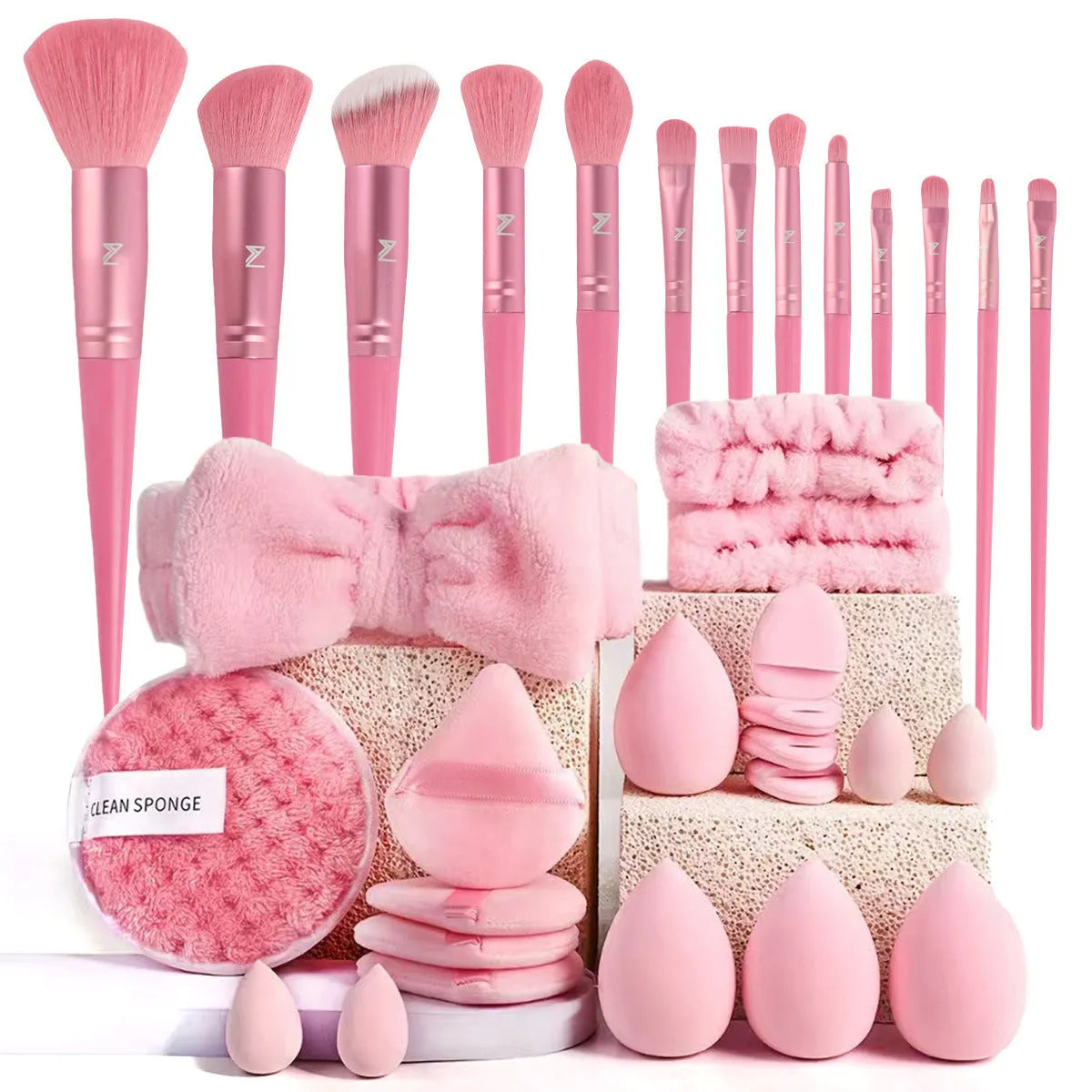 Hydrophilic non-latex beauty brush set with face washing and makeup application tools in brown, pink, or purple colours