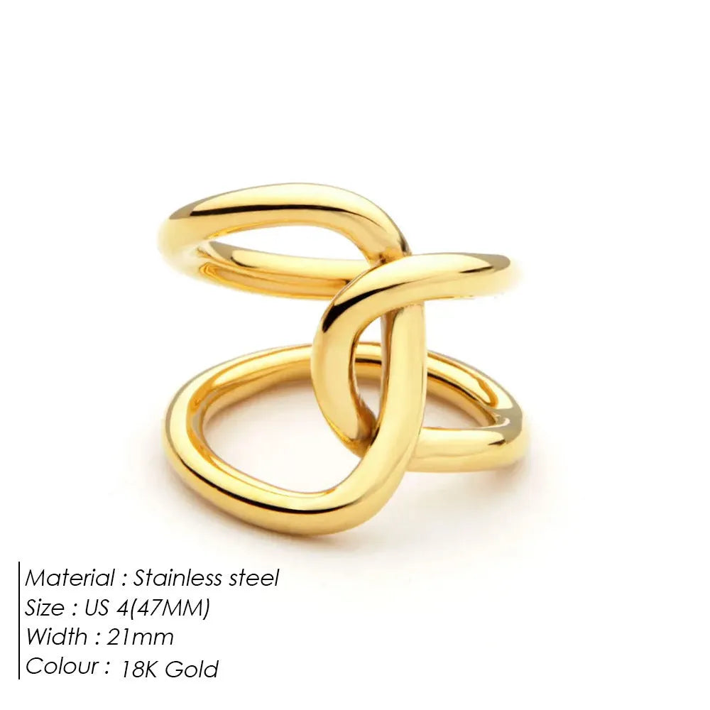 Women's stainless steel adjustable opening ring with a geometric knot design in gold colour.