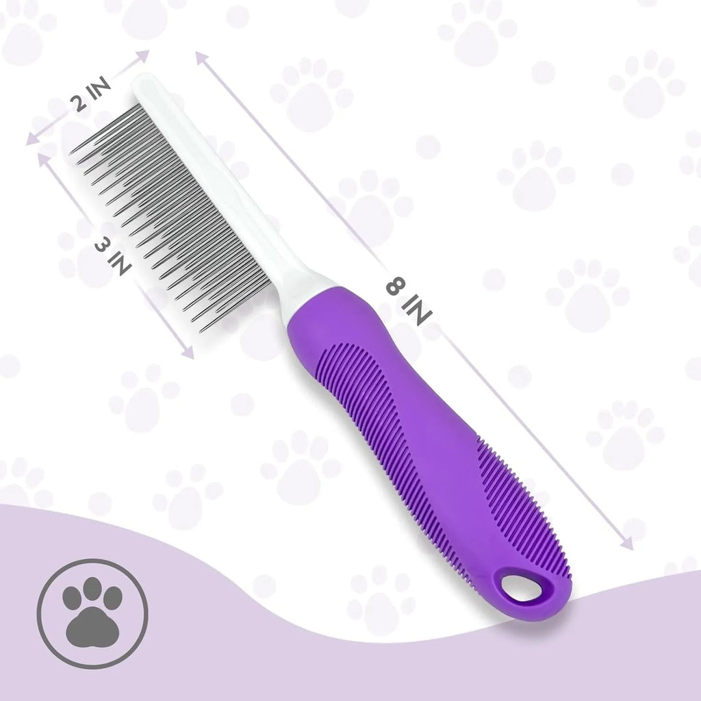 Purple handled pet comb with stainless steel teeth for detangling dog and cat fur.