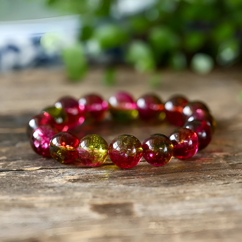 Handmade watermelon crystal bracelet in pastoral style shown in available sizes.
