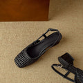 Women's woven hollow-out closed toe sandals with chunky 4cm heel and belt buckle closure