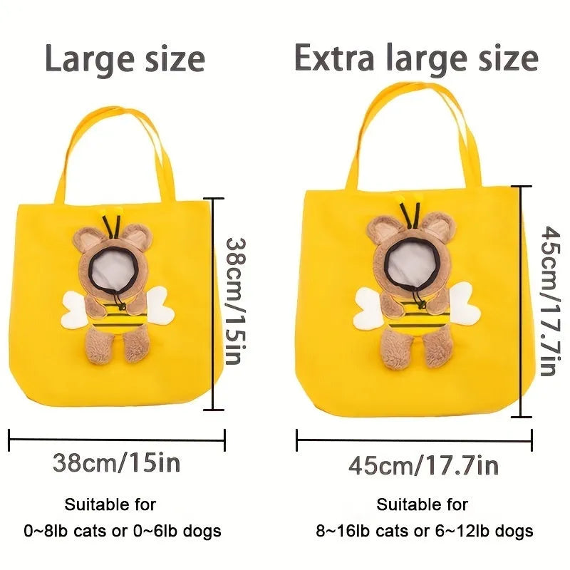 Blue canvas pet carrier bag with animal pattern, safety zippers, and side head opening for a dog