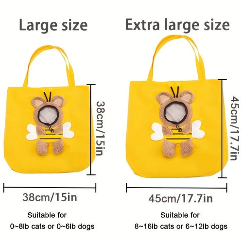 Blue canvas pet carrier bag with animal pattern, safety zippers, and side head opening for a dog