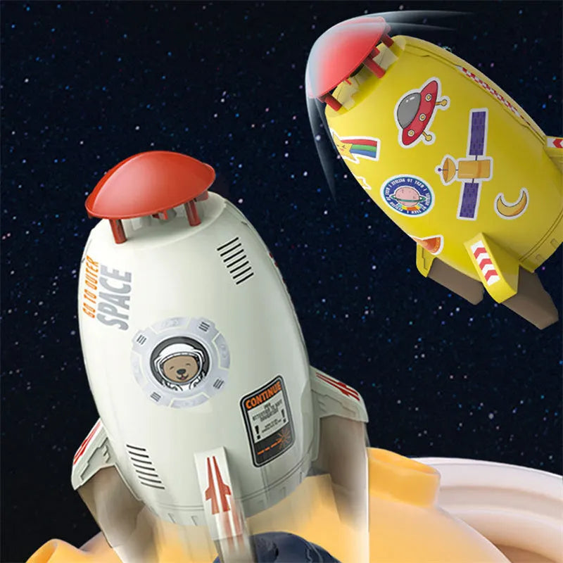 Water pressure rocket launcher toy on green grass with water spray, yellow rocket, and base connector