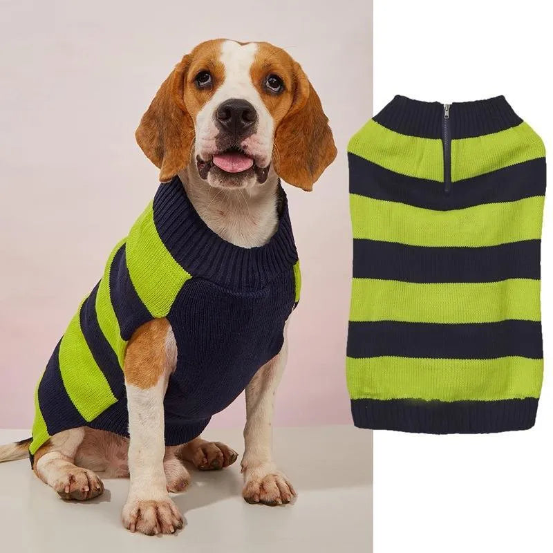 Grey dog sweater with horizontal zipper, button pocket, and contrast colour details for small to medium-sized dogs