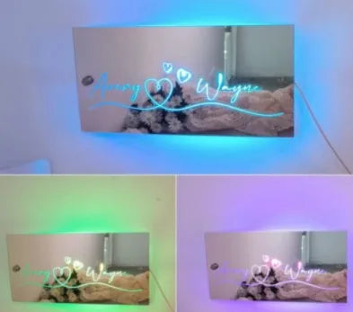 Personalised acrylic LED name mirror light with custom photo, soft glow, and remote control